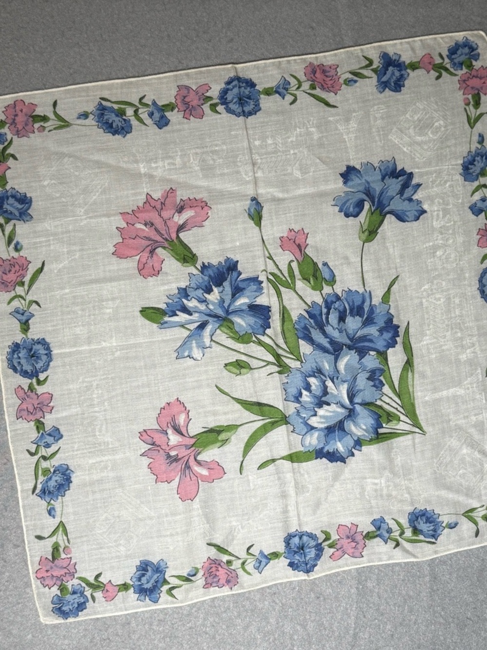 Vtg 1950s Paris Souvenir Handkerchief Damask Carnations Blue Pink Eiffel Tower